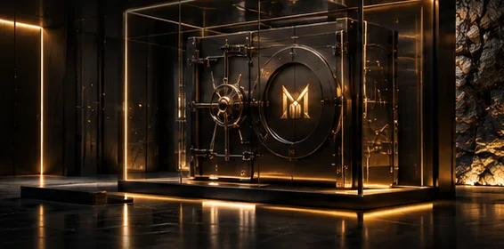 Tresor mit goldenem M-Monogramm in einem beleuchteten Glaskubus