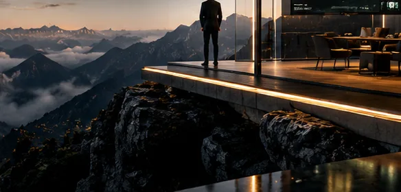 Person blickt von einer beleuchteten Terrasse über ein Gebirge im Abendlicht