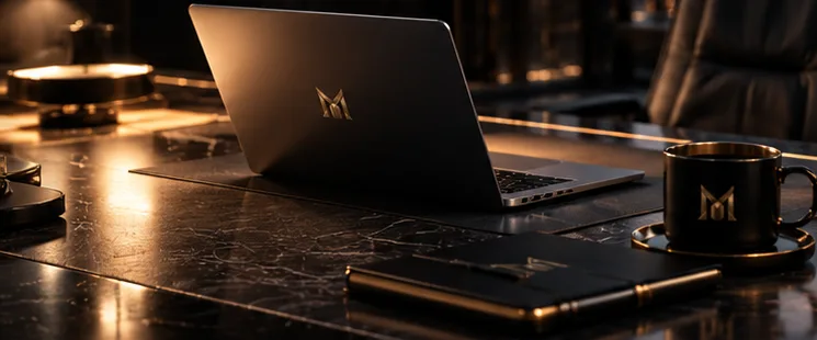 Laptop, Notizbuch und Tasse mit goldenem M-Monogramm auf einem dunklen Marmortisch im Abendlicht