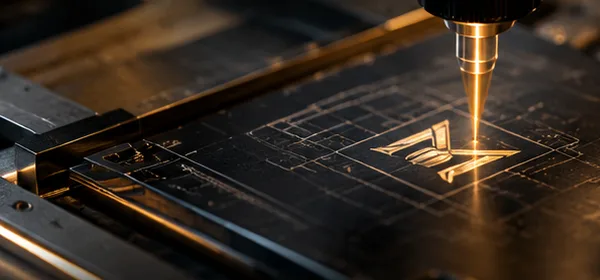 Goldene Gravurspitze arbeitet ein M-Monogramm präzise in eine dunkle Platte