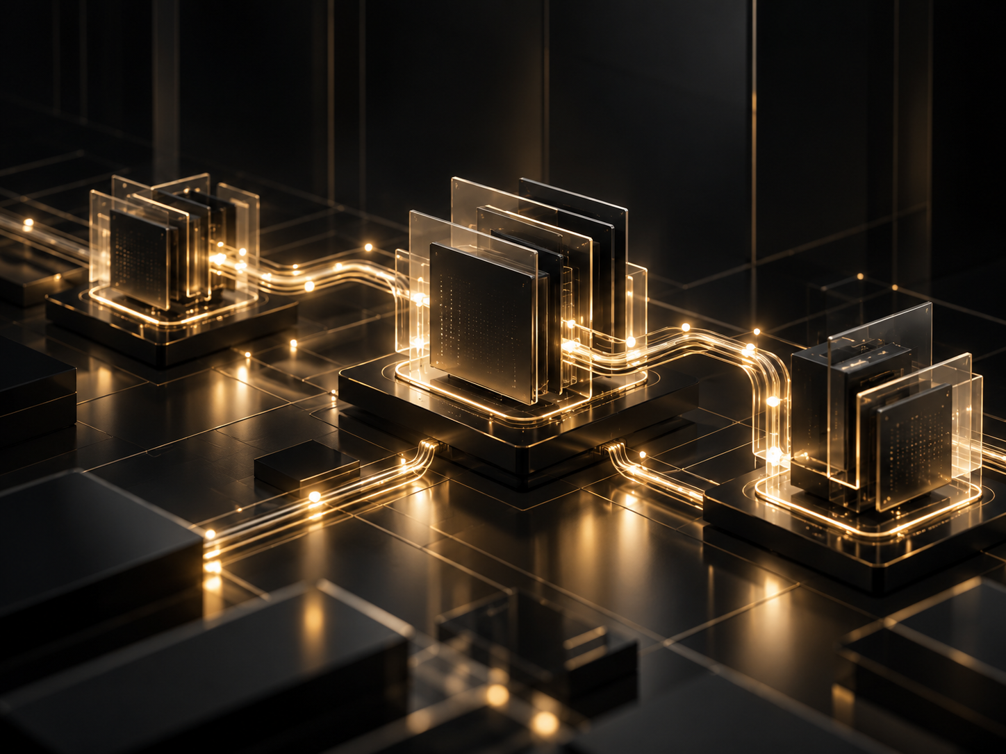 Transparente Glasmodule mit goldenen Verbindungen – Sinnbild für automatisierte Abläufe